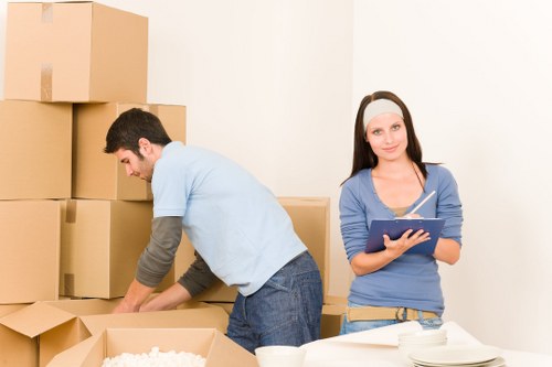 Removalists carrying boxes through a residential property