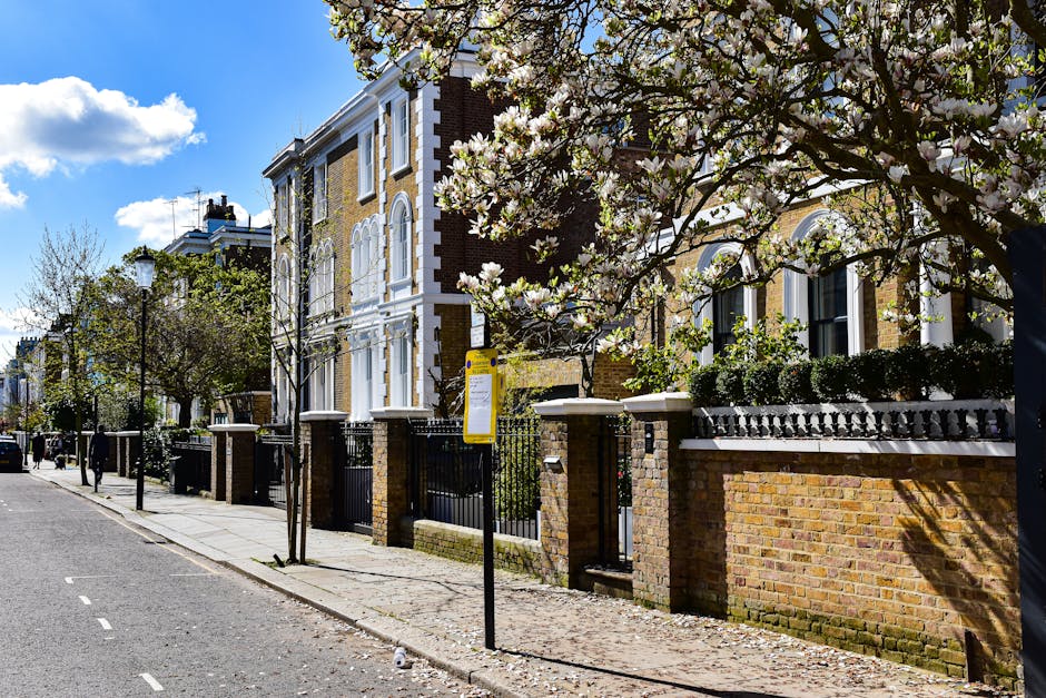 A row of three Victorian-style terraced houses on a residential street in Primrose Hill, near Regent Park. The first house, painted bright red, features a front staircase with concrete steps, red-pain